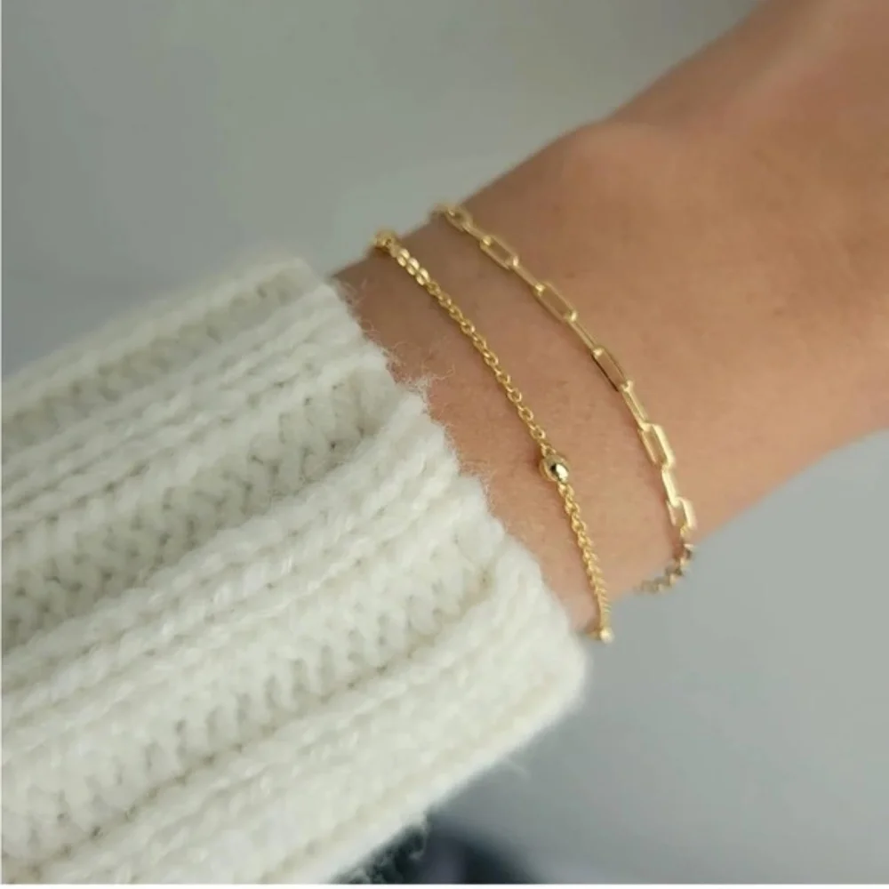 Gold 14k Gold Plated 2pc PaperClip Beaded Bracelet Set